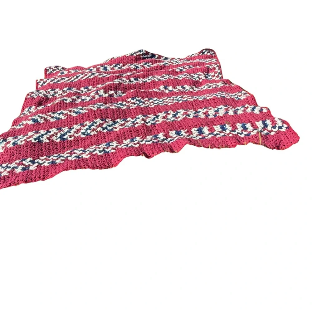 Vintage Handmade‎ Crochet Afghan Blanket Red White Blue 56” Square Throw